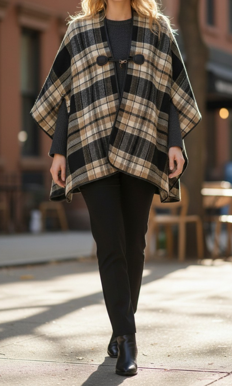 Liz Claiborne Wrap Shawl Black Brown Plaid Lined Oversized One Size 41x30 Fall